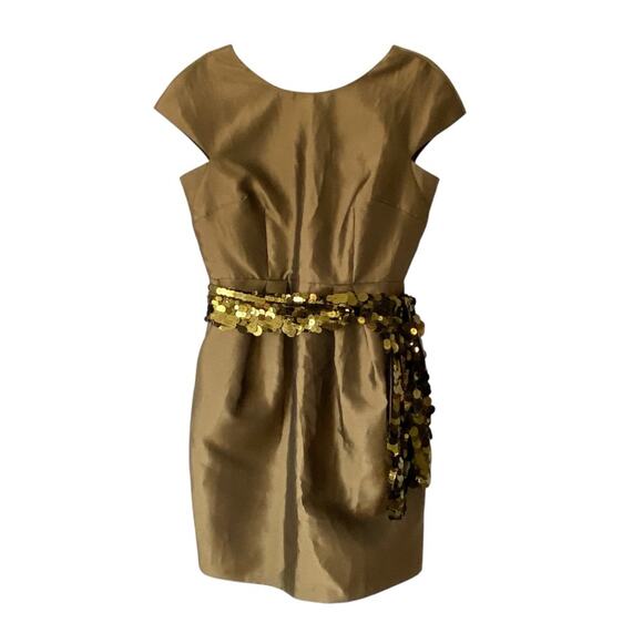 Alex Evenings Brown Shiny Metallic Belted Dress Cocktail Party size 12 pockets - Picture 1 of 7